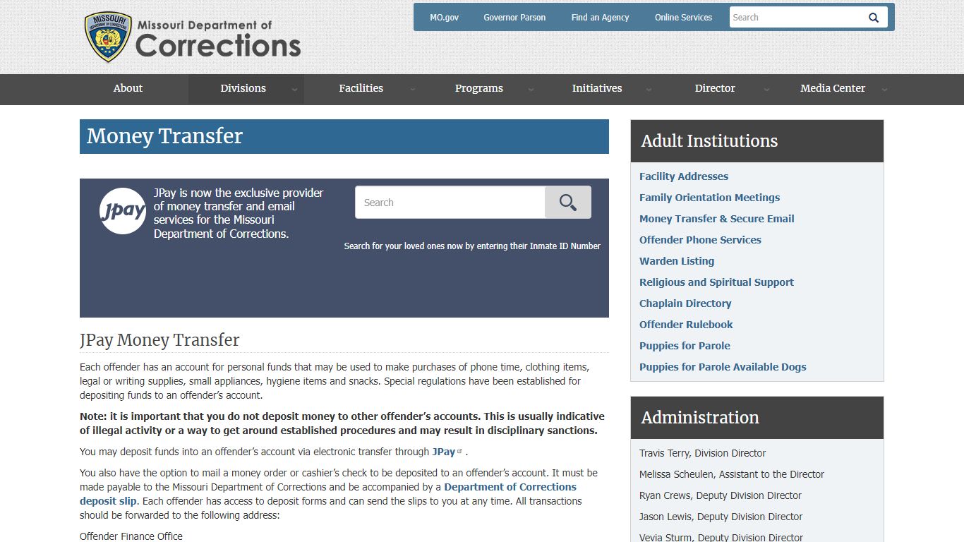 Money Transfer | Missouri Department of Corrections